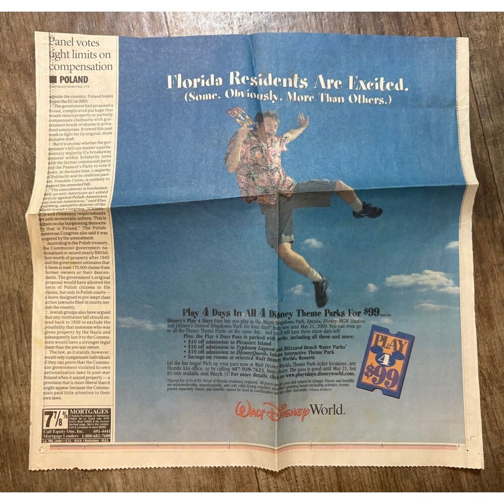Walt Disney World Vacation Print Ad Vintage 2000 Y2K 4 Day Pass News Paper Promo